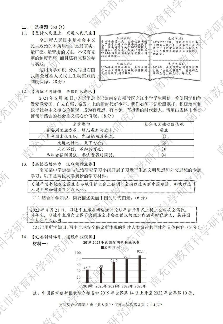 2024年南充市初中學業(yè)水平考試各科試題及參考答案