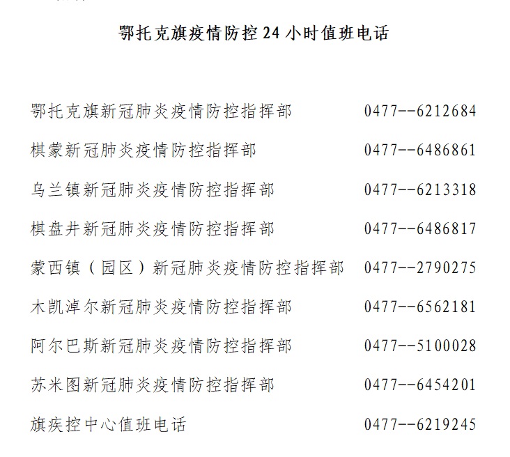 鄂托克旗新新冠疫情防控措施及24小時咨詢電話